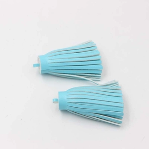Detail of sky blue PU leather tassel pendants with double-layer structure and hanging rings