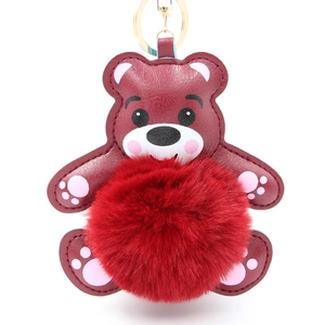 Süßer Teddybär Schlüsselanhänger mit weinrotem Leder und rotem Plüschball für Taschen