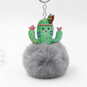 Close-up of green cactus acrylic pendant with grey fluffy pom pom and silver metal ring
