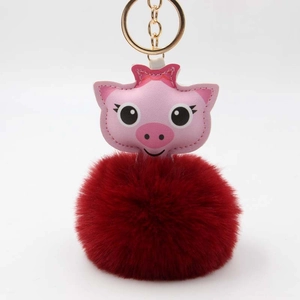 Porte-clés cochon rose mignon avec pompon en peluche douce et anneau doré