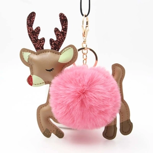 Portachiavi Palla di Pelo Renna di Natale Poliestere Peluche Ciondolo Borsa Alce Pelle PU Animale Portachiavi Regalo per Donna