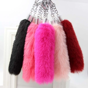 Detail showing long fluffy faux fur keychains in black, pink, and red with silver rings