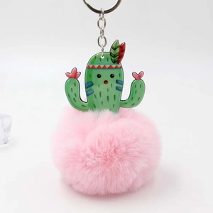 Cute cactus acrylic pendant with soft pink faux fur pompom for handbag or car keys