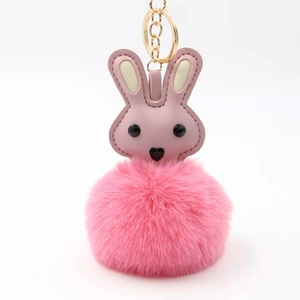 Cute Bunny Plush Pom Pom Keychain Faux Leather Rabbit Head Bag Pendant Metal Keyring For Women Girls Fashion Accessories