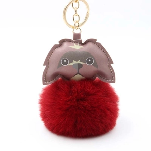 Cute Puppy Cartoon Plush Pom Pom Keychain For Women Girls Faux Fur Dog Face Bag Pendant Fashion Metal Key Ring Accessory