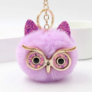 Porte-clés chouette en peluche violette avec paillettes et anneau en métal doré