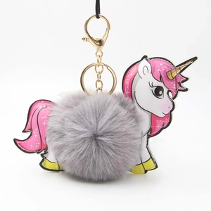 Unicorn faux fur pompom keychain with grey plush ball and golden metal clip for bags