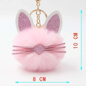 Detail showing pink faux rabbit fur pom pom keychain with glittery ears and size dimensions