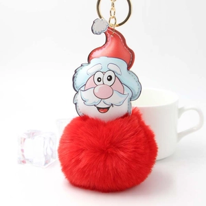 Santa Claus plush pom pom keychain with red fur ball and golden metal ring for bags