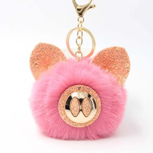 Porte-clés Boule en Fausse Fourrure Forme de Porcelet Avec Oreilles à Paillettes Scintillantes Pendentif Peluche Mignon Femmes