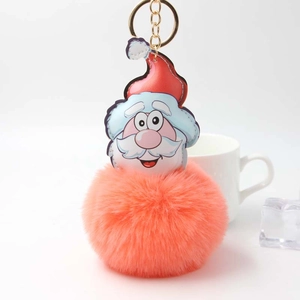 Close-up of fluffy plush Santa keychain with faux fur ball and gold metal ring detail