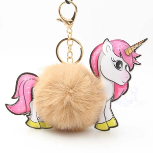 Cute Unicorn Pom Pom Plush Fur Ball Keychain Cartoon Animal Bag Pendant With Gold Clasp For Women Girls Bag Charm Gift