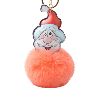 Christmas Santa Claus Plush Ball Keychain PU Leather Cartoon Bag Pendant Faux Fur Pom Pom Car Keyring Holiday Decor