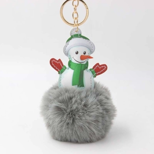 Detail eines Plüsch-Schneemann-Schlüsselanhängers mit grüner Mütze und grauem Pelzpompon