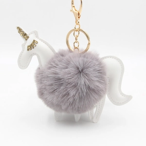 Creative white unicorn plush ball keychain with golden glitter horn and metal lobster clasp