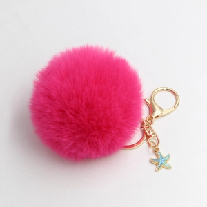 Faux Fur Pom Pom Keychain With Alloy Starfish Pendant Fluffy Bag Charm Golden Key Ring For Women Girls Daily Decoration