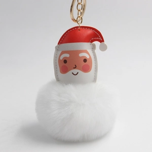 Detail of Santa Claus plush keychain with white faux fur pompom and golden metal clip
