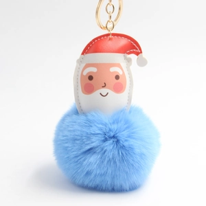 Detail of Santa Claus plush keychain with soft blue faux fur pompom and golden metal ring