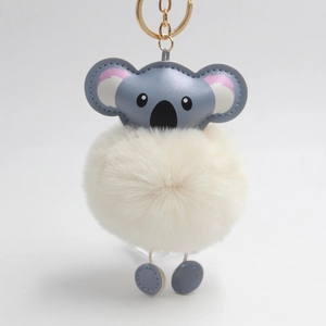 Close-up of white faux fur koala keychain with gray leather head and gold metal hardware
