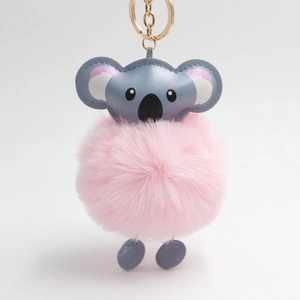 Cute koala faux fur pom pom keychain with grey leather head and pink fluffy ball