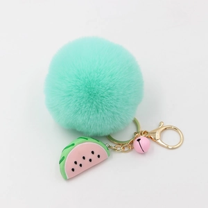 Porte-clés pastèque en peluche avec pompon vert menthe et petite cloche rose