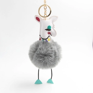 Porte-clés alpaga mignon avec pompon en fausse fourrure grise et anneau doré