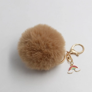 Close-up of a fluffy brown faux fur keychain with a colorful rainbow charm and golden hook