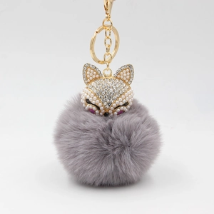 Cute Faux Fur Fox Keychain Alloy Rhinestone Fox Head Bag Charm For Women Gold Key Ring Pendant Fashion Accessories