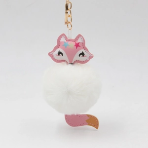 Porte-clés renard en peluche rose et blanc avec broderie d'étoile et pompon doux
