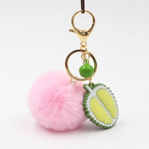 Cute Fruit Theme Durian Plush Ball Keychain For Bags Faux Fur Pompom Keyring Alloy Lobster Clasp For Women Girls Gift Daily