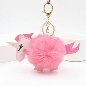 Cute Unicorn Plush Pom Pom Keychain For Women Faux Fur Bag Charm Accessory With PU Leather Details Gold Metal Lobster Clasp