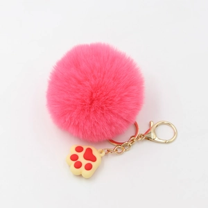 Porte-clés Pompon en Fausse Fourrure Mignon Avec Pendentif Patte de Chat en Silicone Fermoir Mousqueton en Métal Doré