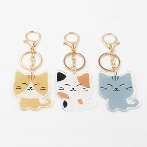 Detailed close-up of three cute acrylic cat keychains with premium gold metal clasps