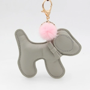 Cute gray PU leather dog keychain with pink faux fur pom and golden metal clip hook