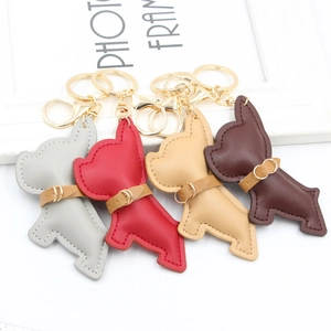 Cute Cartoon French Bulldog PU Leather Keychain With Artificial Fur Pom Pom Decorative Bag Pendant Key Ring For Women