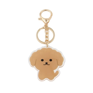 Cute brown acrylic poodle dog keychain with golden metal clasp on white background