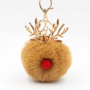 Christmas Reindeer Plush Ball Keychain Festive Deer Antlers Bag Charm Faux Fur Pom Pom Keychain For Backpack Car Key Accessory