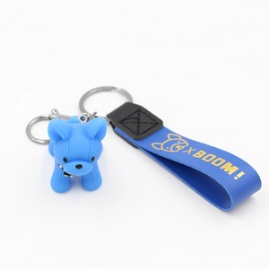 Porte-clés bouledogue français bleu avec bracelet en silicone et anneau métallique