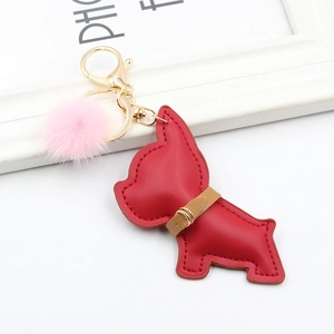 Cute red PU leather bulldog keychain with pink faux fur pompom and golden clasp charm