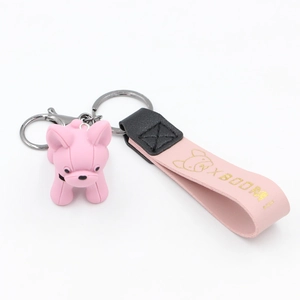Porte-clés Bouledogue Français en Résine 3D Avec Lanière en Cuir PU Pendentif Chien Animal Dessin Animé Charme de Sac Mode