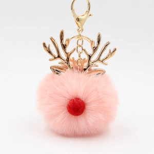 Christmas reindeer plush pompom keychain with gold antlers and pink fur ball charm
