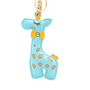 Cute light blue PU leather giraffe keychain with yellow bow and gold metal ring