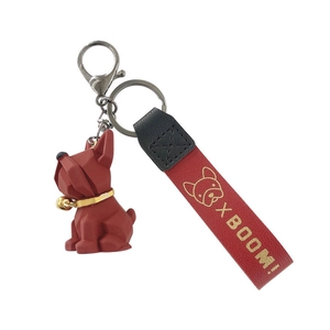 Geometric red French bulldog keychain with leather wrist strap and metal bell charm