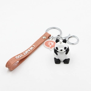 Cartoon geometric panda keychain with I WANT YOU strap and metal lobster clasp charm