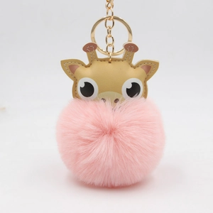 Cartoon Giraffe Kunstleder Pompon Schlüsselanhänger Kunstpelz Tierkopf Tasche Charme Anhänger Für Damen Mädchen Plüsch Hirsch