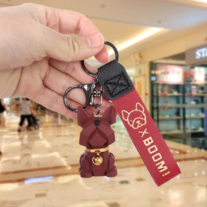 Burgundy geometric French bulldog keychain with leather wrist strap and golden bell