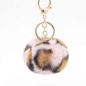 Leopard print faux fur pompom keychain with golden metal clasp for bags and cars