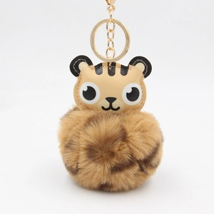 Mignon Porte-clés Boule de Poils Tigre en Peluche Tête d'Animal en Cuir PU Pendentif de Sac Accessoires Pour Femmes