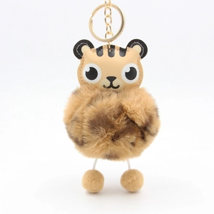 Cute Cartoon Tiger Plush Pom Pom Keychain Soft Faux Fur Ball Bag Pendant PU Leather Tiger Head Animal Keyring Accessory