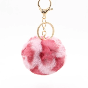 Pink leopard print faux fur pompom keychain with gold lobster clasp and key ring